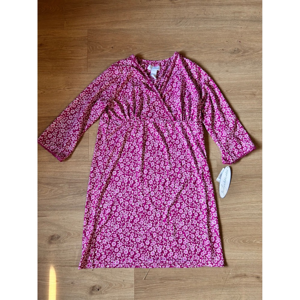 Jaclyn Intimates Pink Floral V-Neck Nightgown Empire Waist 3/4 Sleeve Medium NWT